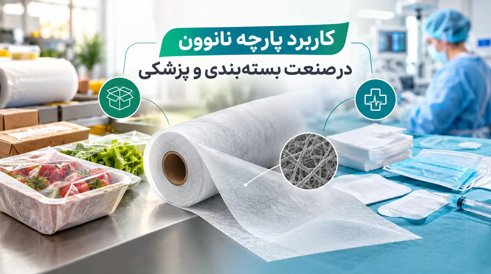 رول پارچه نانوون سفید برای بسته‌بندی صنعتی
